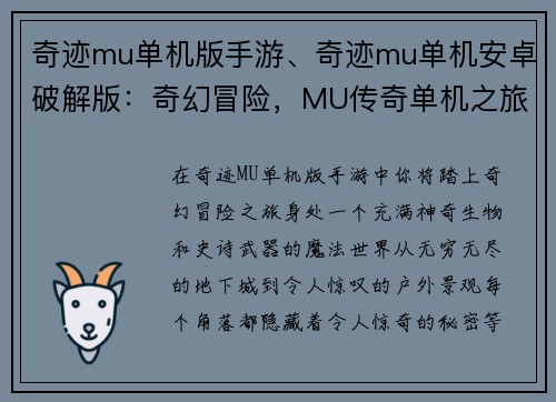 奇迹mu单机版手游、奇迹mu单机安卓破解版：奇幻冒险，MU传奇单机之旅