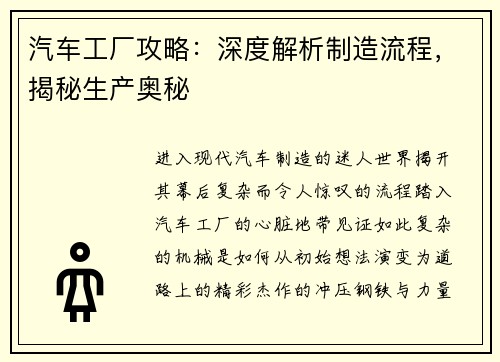 汽车工厂攻略：深度解析制造流程，揭秘生产奥秘