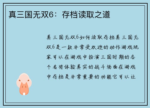 真三国无双6：存档读取之道